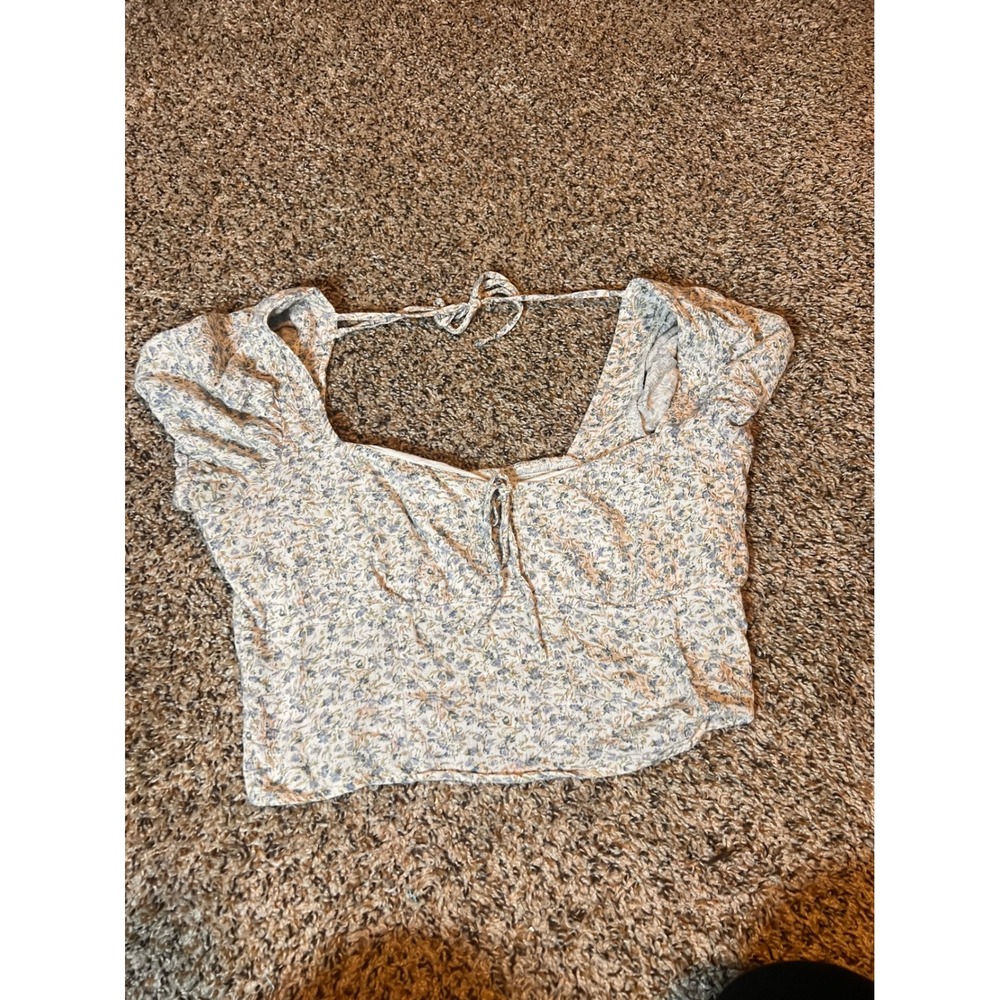 American Eagle Floral Crop Top Smocked Tie Front Puff Sleeve L - Picture 1 of 5